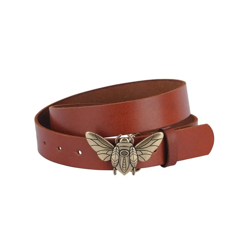 Genuine Leather Brown Belt Brass Cicada Bee Bug Buckle Womens Size M